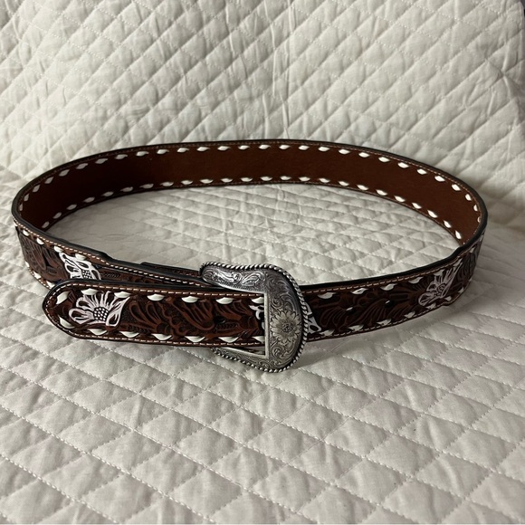 Nocona Genuine Leather Color Embossed Floral Stitch Belt Large Silver Buckle 36 - Picture 10 of 10